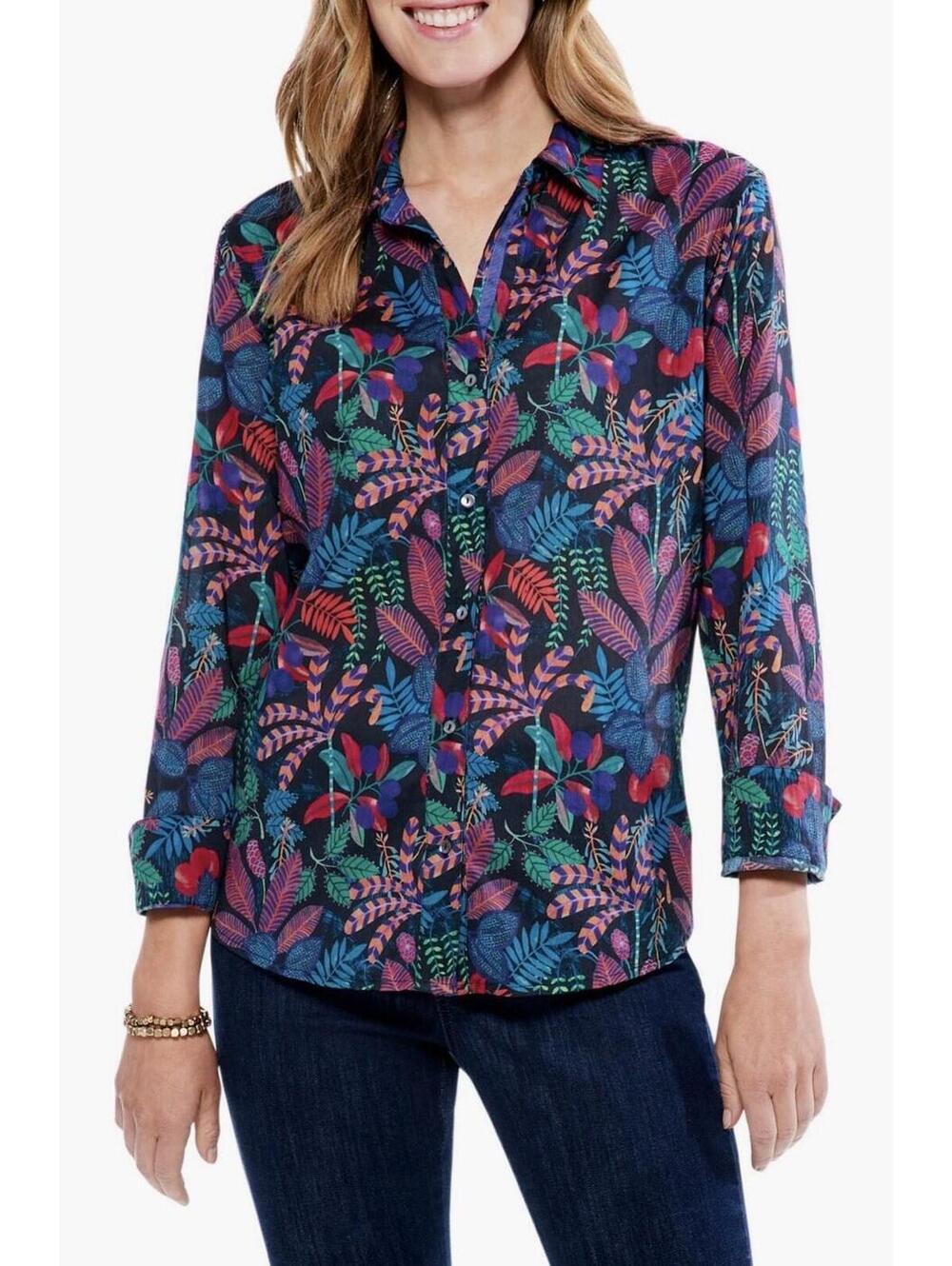 NIC+ZOE Women’s Cotton Vibrant Garden Crinkle Shirt In Black-Size Large
